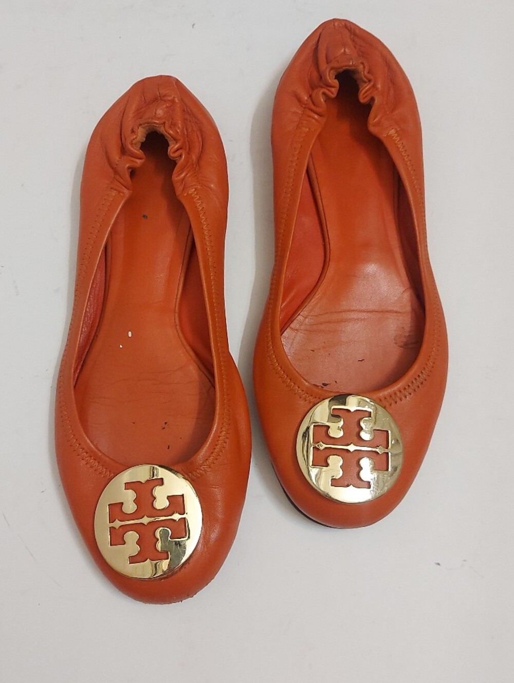 Tory Burch Orange Leather Reva Ballet Flats - Gold Logo